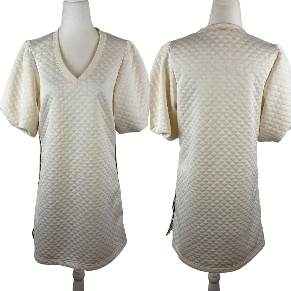 Mary Square Quilted Puff Sleeve Mini Dress Small Side Stripe Comfy Tennis Sporty